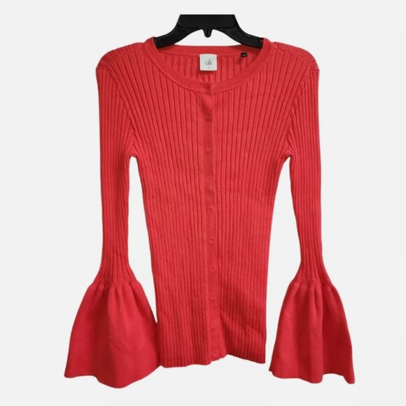 Cabi Womens Red Ribbed Bell Long Sleeve Snap Closure Soft Stretch Blouse Size S - Picture 1 of 6